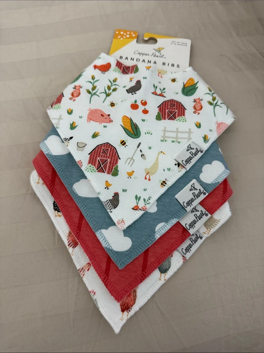 Copper Pearl Baby Bandana Bib Set in White, Blue, and Red